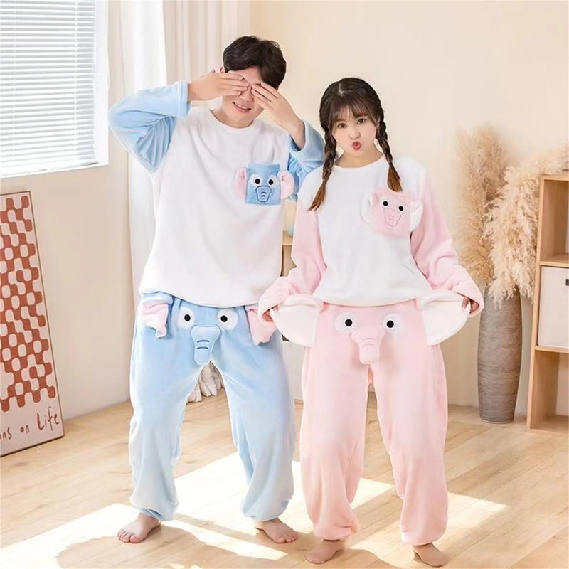 Funny Elephant Men Pajama Sleepwear Novelty Humorous Tops+Pants Two Piece Set Gift For Men Winter Warm Thickened Homewear Dress