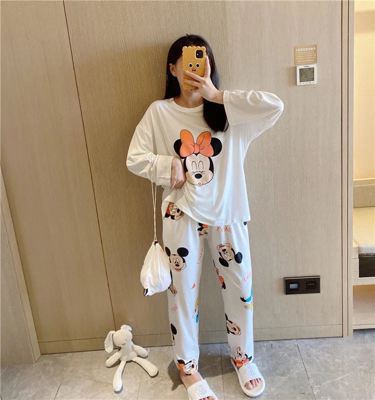 Pijama nuevo de Disney Donald Duck para mujer, conjunto de dos piezas de pantalones de manga larga de algodón de otoño, pijama de seda, conjunto de ropa de estar por casa para mujer