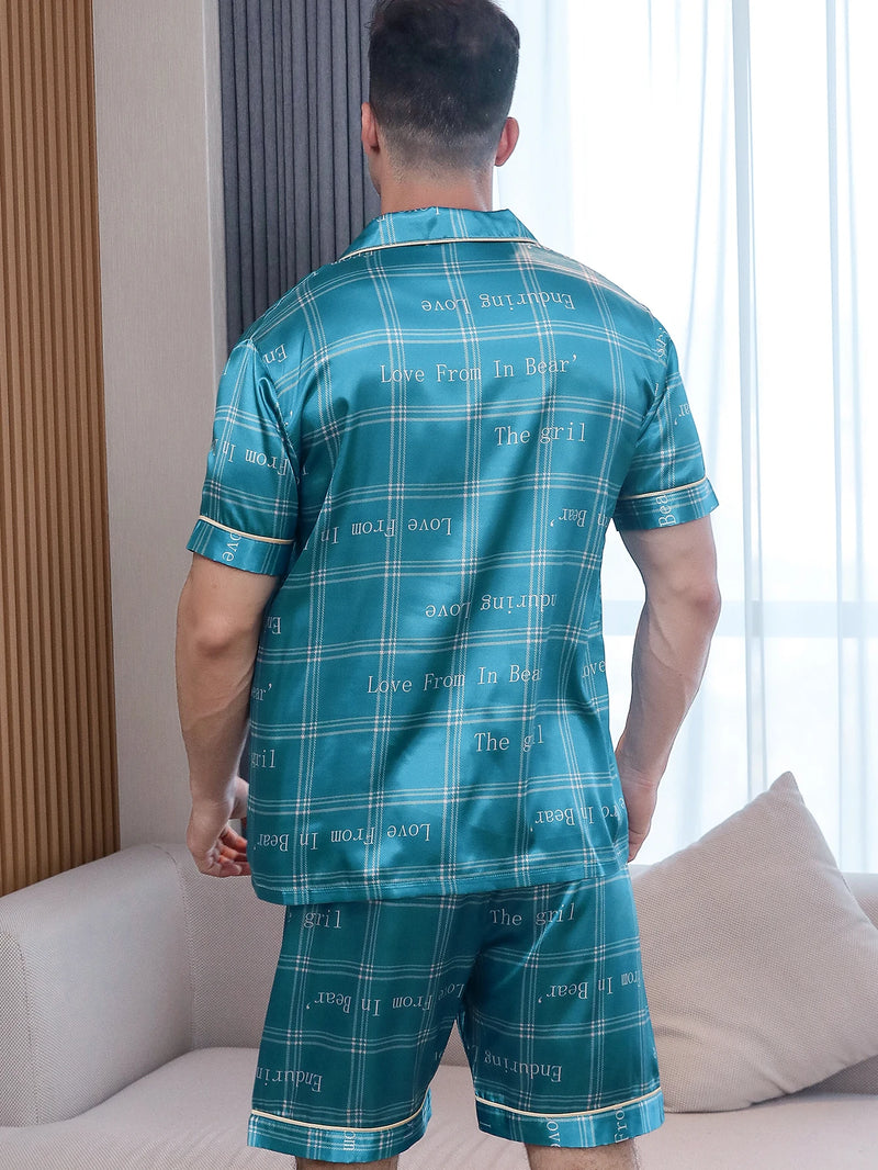 Two piece sets for men's pajamas summer short sleeved shorts English pattern printed home clothing sleepwear set