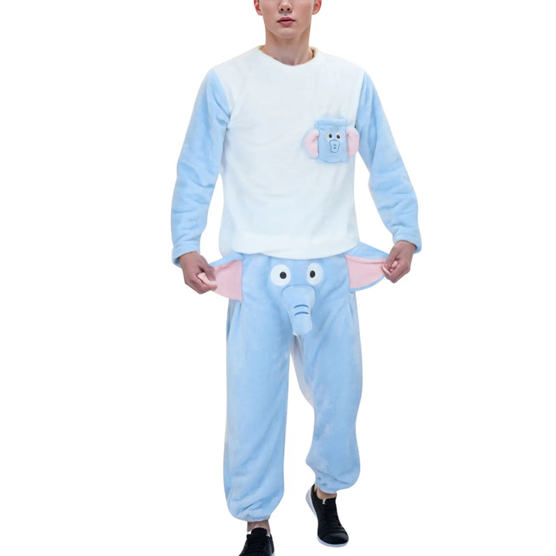 Funny Elephant Men Pajama Sleepwear Novelty Humorous Tops+Pants Two Piece Set Gift For Men Winter Warm Thickened Homewear Dress