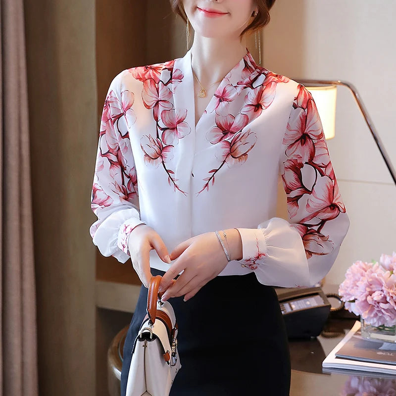 Blouses Femme White Blouse Long Sleeve Blouse Women Blusas Mujer De Moda 2024 V-Neck Print Chiffon Shirt Women Tops Blusas E699