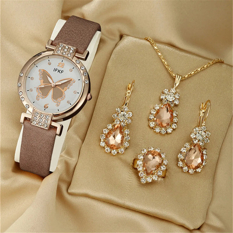 New Korean Fashion Simple Belt Quartz Watch Women's Edition+Jewelry Three Piece Set