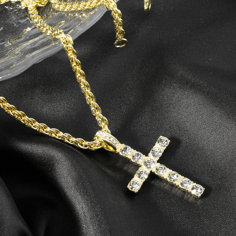 Men Women Hip Hop Cross Pendant Necklace Strap Men 4mm Zircon Tennis Chain Iced Sparkling Necklace Punk Jewelry Fashion Gift