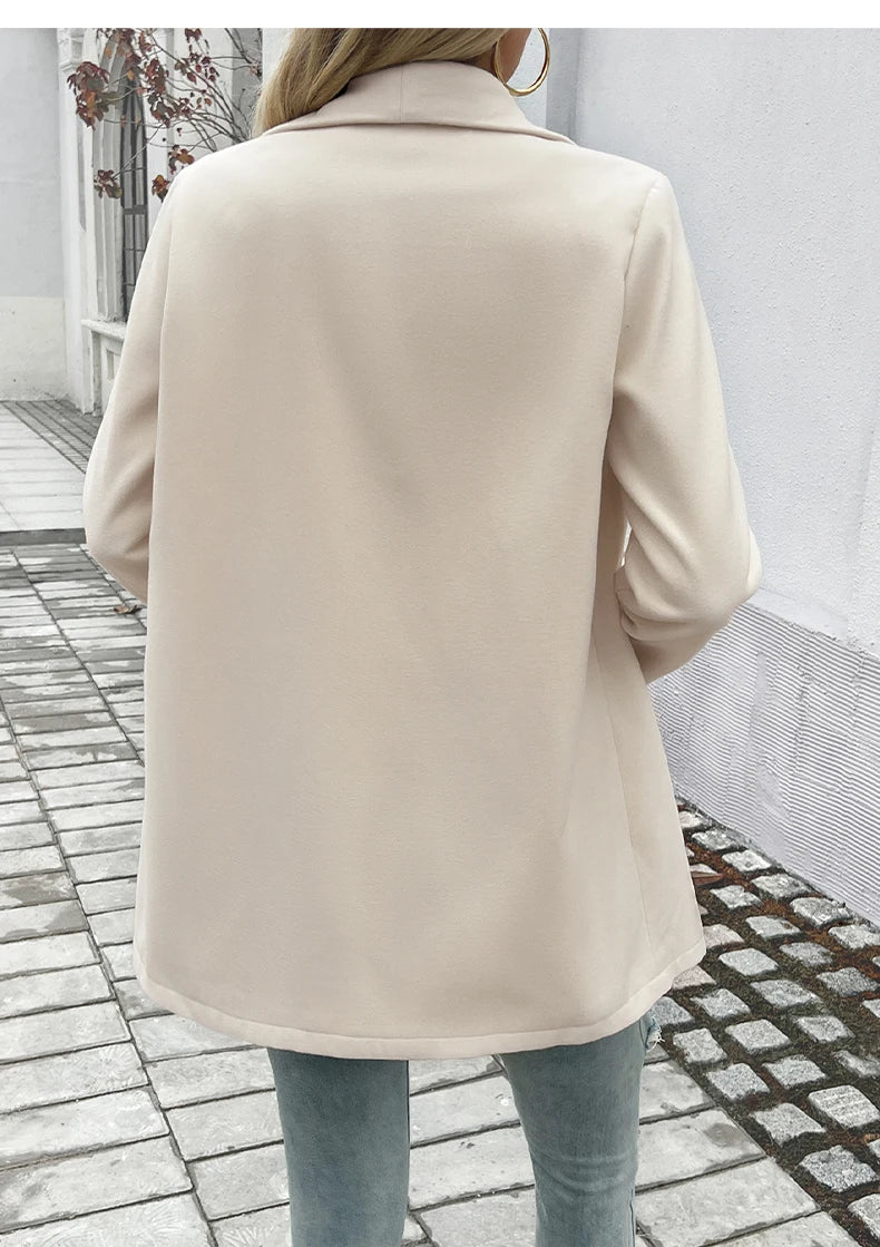 Chaqueta de moda europea y americana de otoño e invierno, cuello, abrigo de lana medio a largo, suelto, un botón, color sólido para mujer