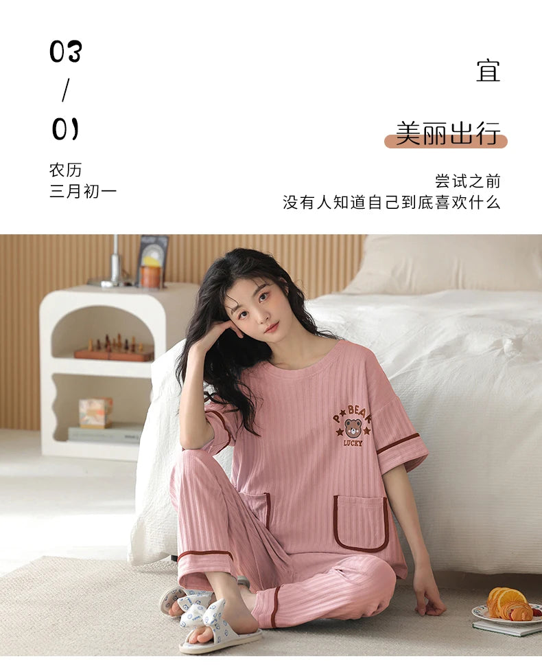 Big Size 5XL Pajama Sets Short Sleeved Cartoon Bear Knitted Pjs Plaid Sleepwear Elegant Women's Pajamas Lounge Home Pijama Mujer