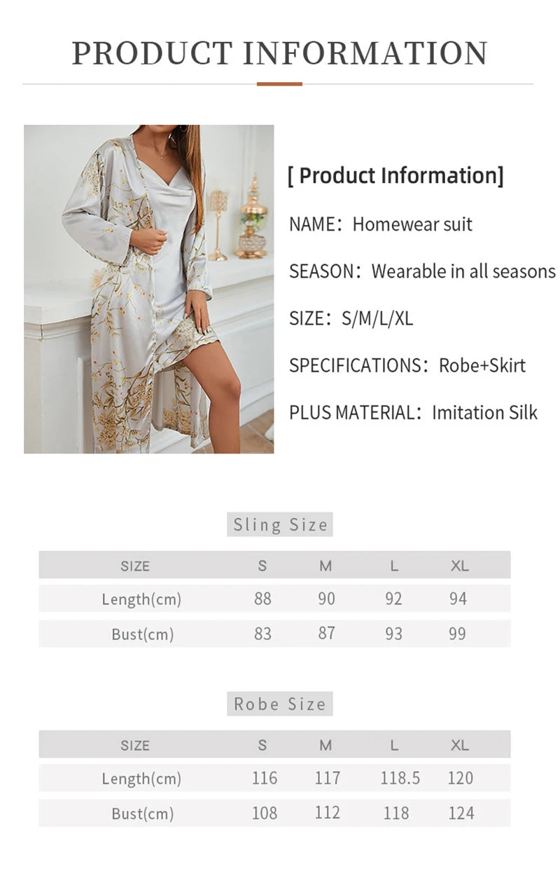 Simple Women's Four Seasons Home Clothing Sexy Imitation Silk Printing Pajamas Female Thin Nightgown Night-Robe 2PCS Suit