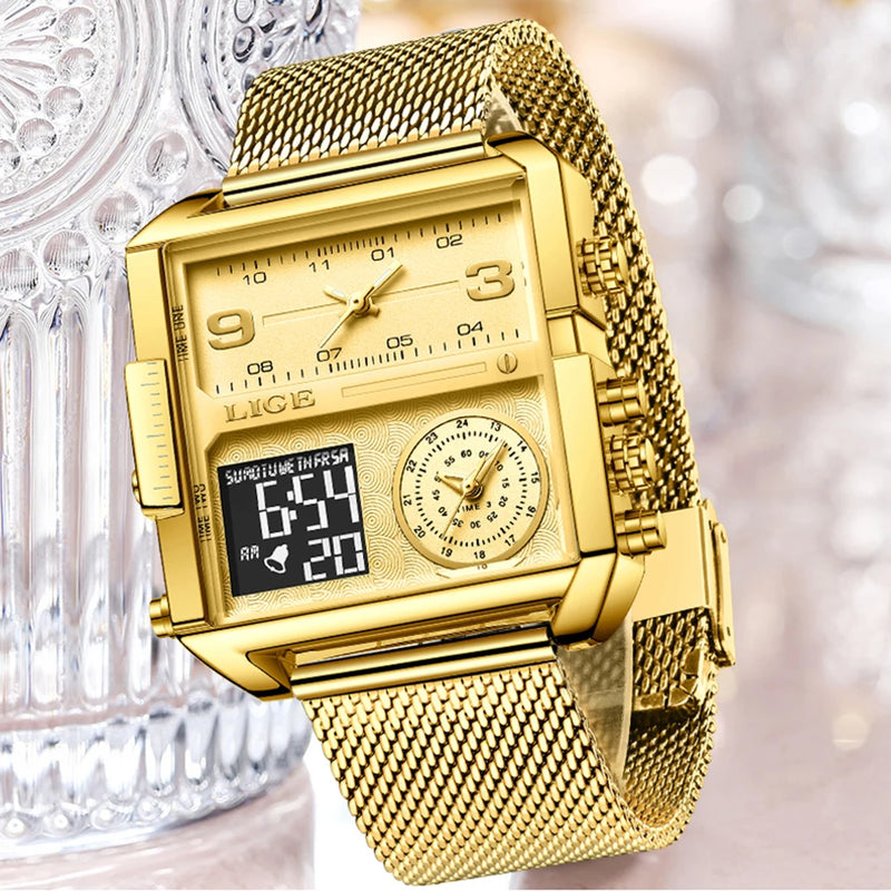 LIGE 2023 New Gold Watch Women Top Brand Luxury Creative Square Watches Ladies Fashion Dual Display Watch Relogio Feminino+BOX