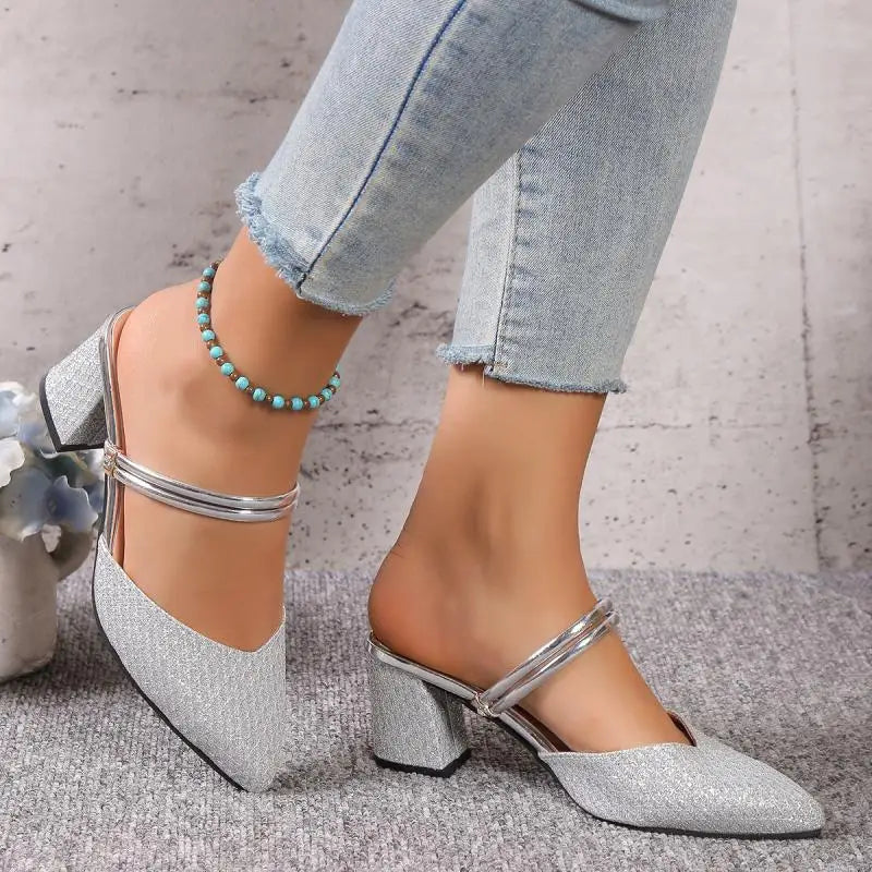 Gold Silver Bling High Heel Pumps Women Fashion Back Strap Slip-On Party Shoes Woman Pointed Toe Slingbacks Thick-Heeled Shoes