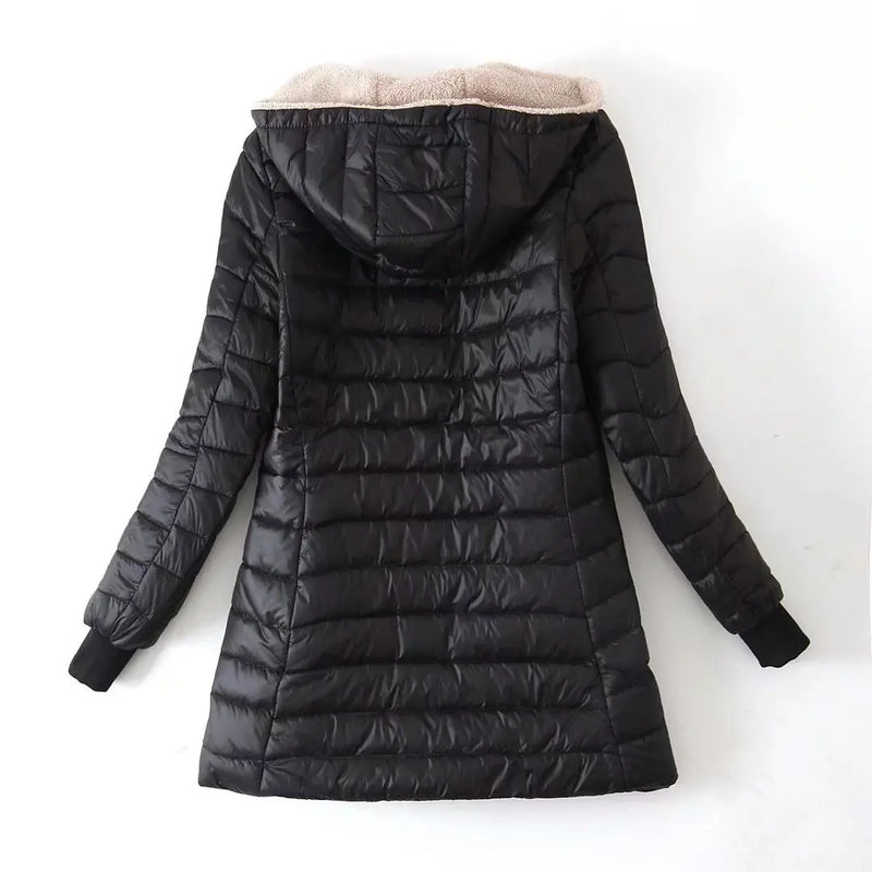 Chaqueta de mujer de invierno nueva de longitud media edición coreana con capucha y ajuste extragrande de algodón polar, parkas cálidas de lana de cordero, chaquetas de invierno