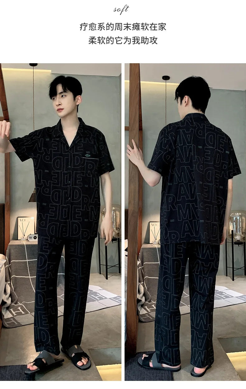 Letter Print Male Cotton Sleepwear Pajamas for Men Summer Thin Men's Pijama Hombre Sets pyjama homme Cardigan Pjs Big Size 4XL