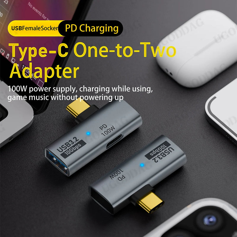 Divisor OTG tipo C 3.2 2 en 1 con adaptador convertidor USB C a USB 3.2 de carga rápida tipo C de 100 W PD para teléfono, tableta y MacBook