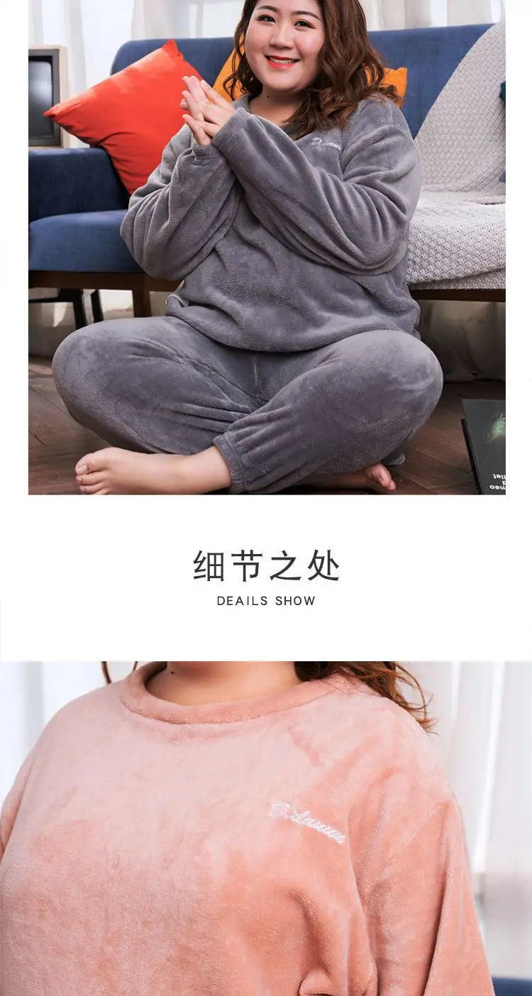 Winter Pajamas Coral Fleece Warm Pajamas Set Thick Long Sleeve Large Size 85kg Outside Pajamas Elastic Waist Trousers Pajama Set