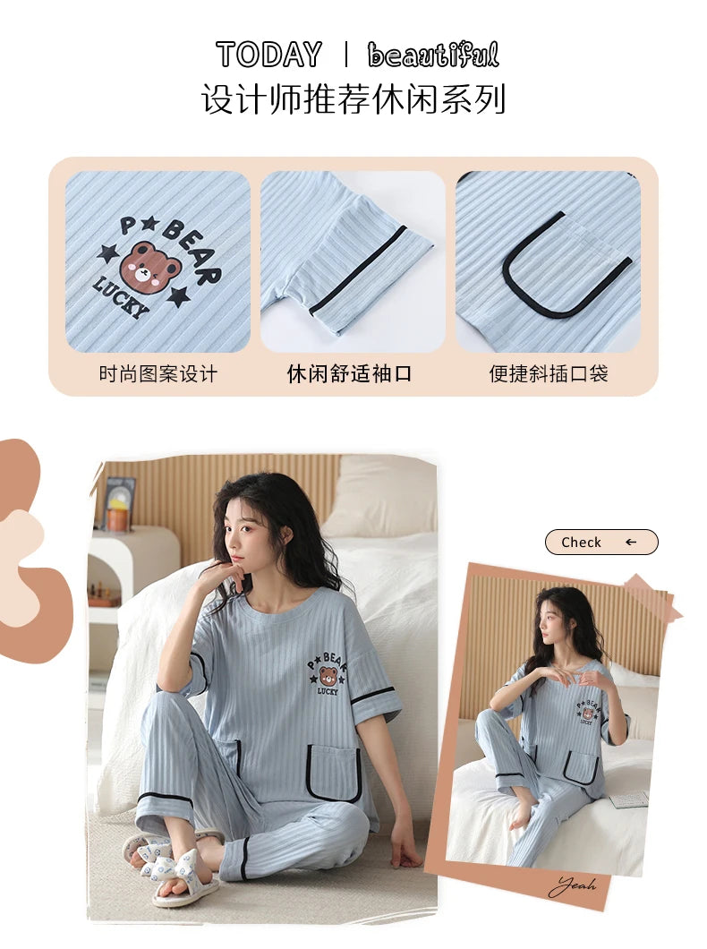 Big Size 5XL Pajama Sets Short Sleeved Cartoon Bear Knitted Pjs Plaid Sleepwear Elegant Women's Pajamas Lounge Home Pijama Mujer