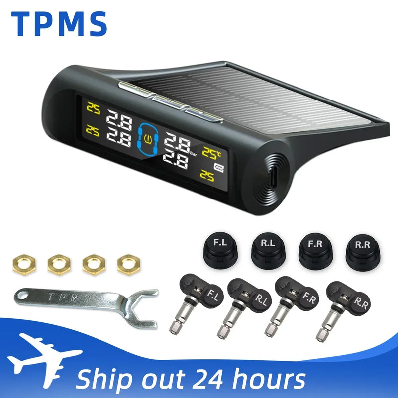 Sistema de monitoreo de presión de neumáticos TPMS con 4 sensores para automóvil, pantalla de advertencia inteligente solar, para automóviles, SUV, MPV