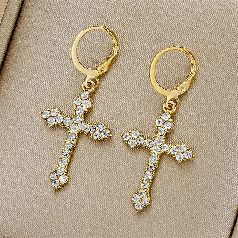 Nuevos pendientes colgantes de cruz de circonita con diamantes de imitación para mujer, pendientes de aro colgantes de moda coreana, regalos de joyería para fiestas de cumpleaños