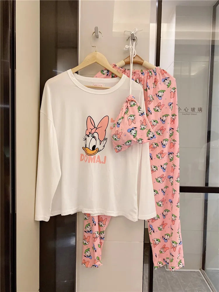 Pijama nuevo de Disney Donald Duck para mujer, conjunto de dos piezas de pantalones de manga larga de algodón de otoño, pijama de seda, conjunto de ropa de estar por casa para mujer