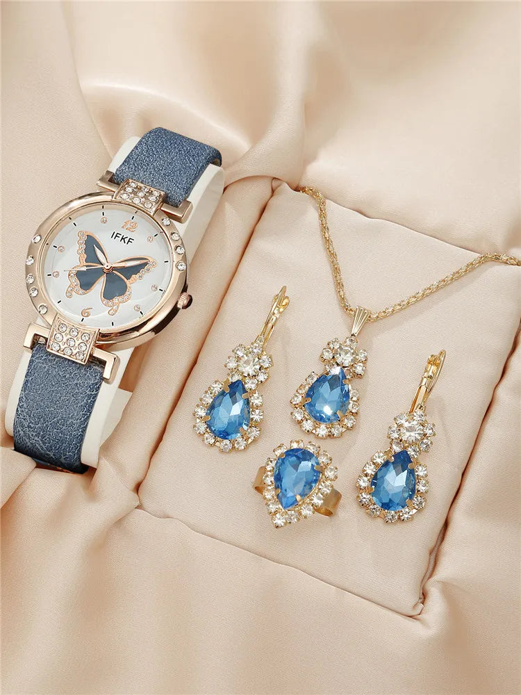 New Korean Fashion Simple Belt Quartz Watch Women's Edition+Jewelry Three Piece Set