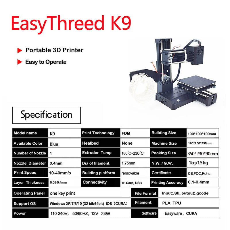 Small 3D Printer K9 Supper Mini Desktop 10*10*10cm No Heated Bed One-Key Printing with TF  3D Printer Machine Gift EasyThreed