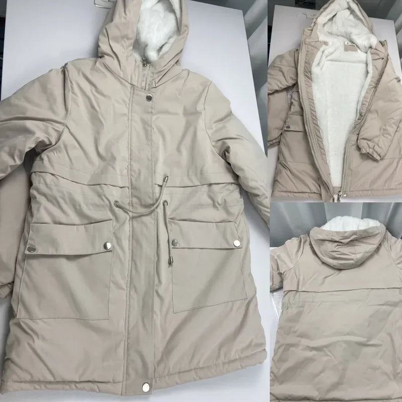 Abrigo de invierno de longitud media con capucha y forro polar para mujer, parka cálida, ropa de abrigo gruesa, chaquetas informales holgadas, gabardina, ropa de nieve, cortavientos