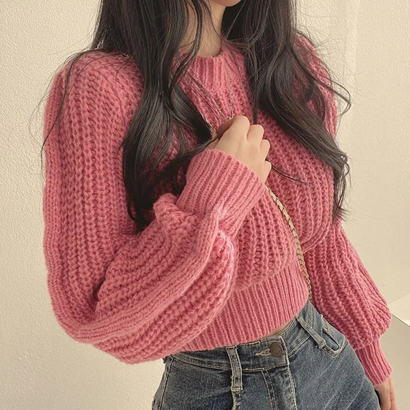 Pink Cropped Knitted Sweaters for Women 2024 Korean Fashion Loose Long Sleeve Jersey Woman Solid Color Wild Round Neck Pullover