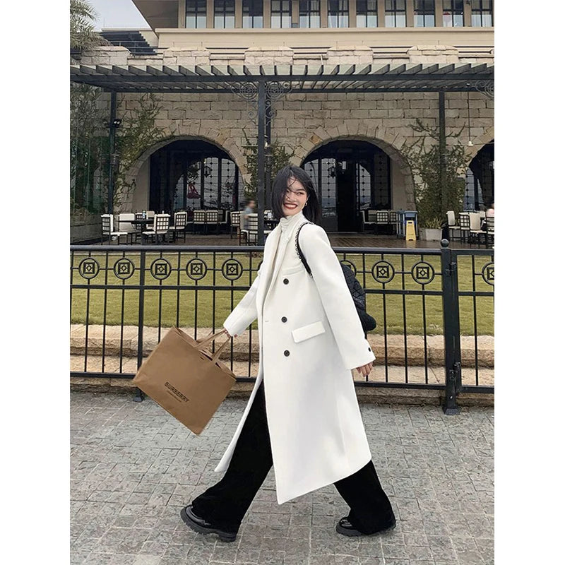 Abrigos largos elegantes de lana para mujer, chaqueta acolchada de calle, abrigo de lana coreano de doble botonadura, prendas de vestir gruesas de gran tamaño para invierno