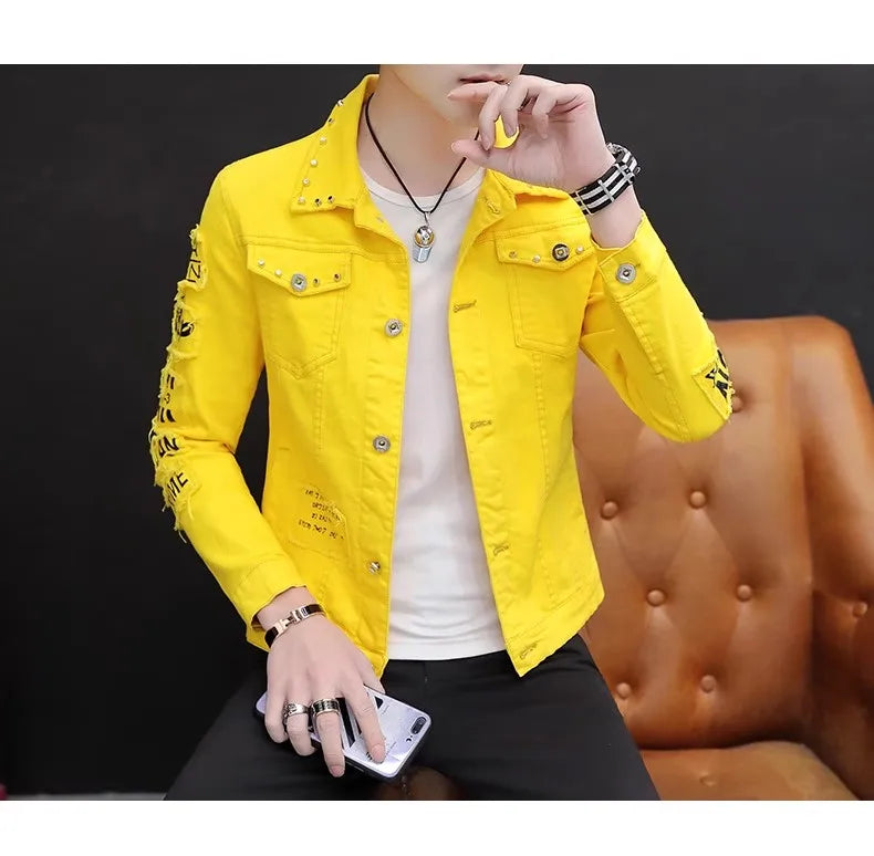 Chaqueta de hombre con solapa y remaches sólidos, chaqueta vaquera, moda coreana, abrigo ajustado informal, chaqueta corta universitaria para hombre, ropa para hombre de alta calidad