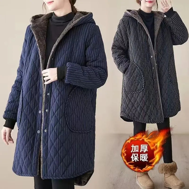 Chaquetas de invierno casuales 2023, abrigos acolchados gruesos con capucha a rayas, ropa de mujer, parkas largas de gran tamaño, abrigos de algodón de invierno