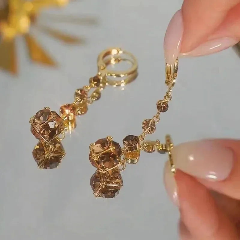 Pendientes elegantes y modernos con borlas de circonita y bola de diamantes de imitación marrones para mujer, accesorios de uso diario, regalos de joyería para fiestas