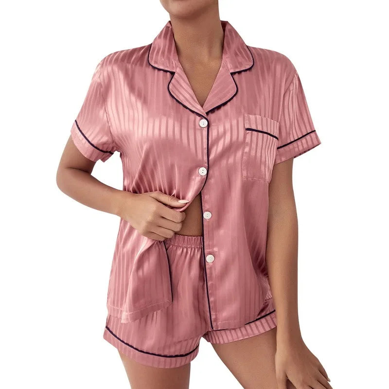 Pajama Set Women's Striped Silky Satin Pajamas Short Sleeve Top with Shorts Sleepwear PJ Set Underwear 2023 New S-3XL