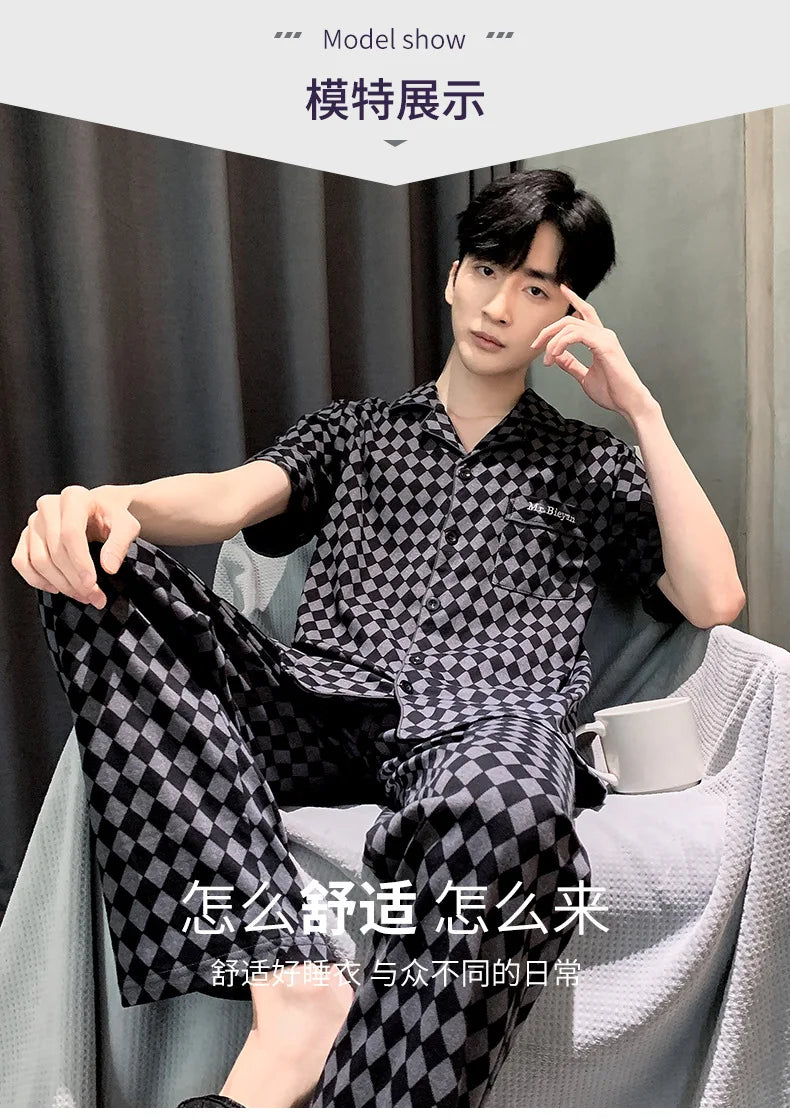 Letter Print Male Cotton Sleepwear Pajamas for Men Summer Thin Men's Pijama Hombre Sets pyjama homme Cardigan Pjs Big Size 4XL