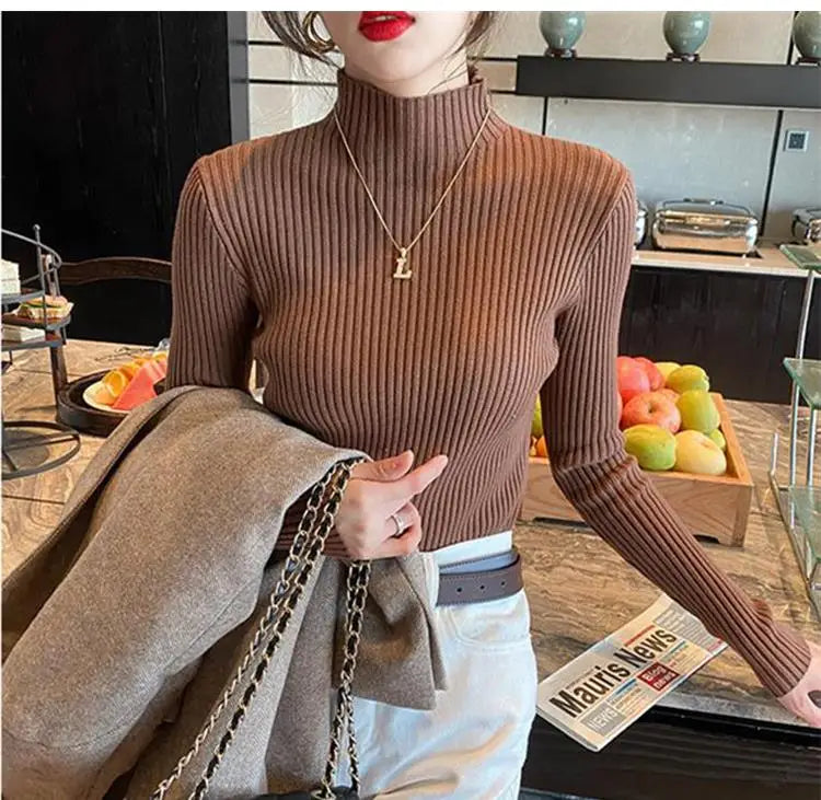 Epligg Women Turtlneck Sweater Long Sleeve Casual Slim Pullover Fashion Simple Chic Clothes Elegant Solid Basic Knitted Tops