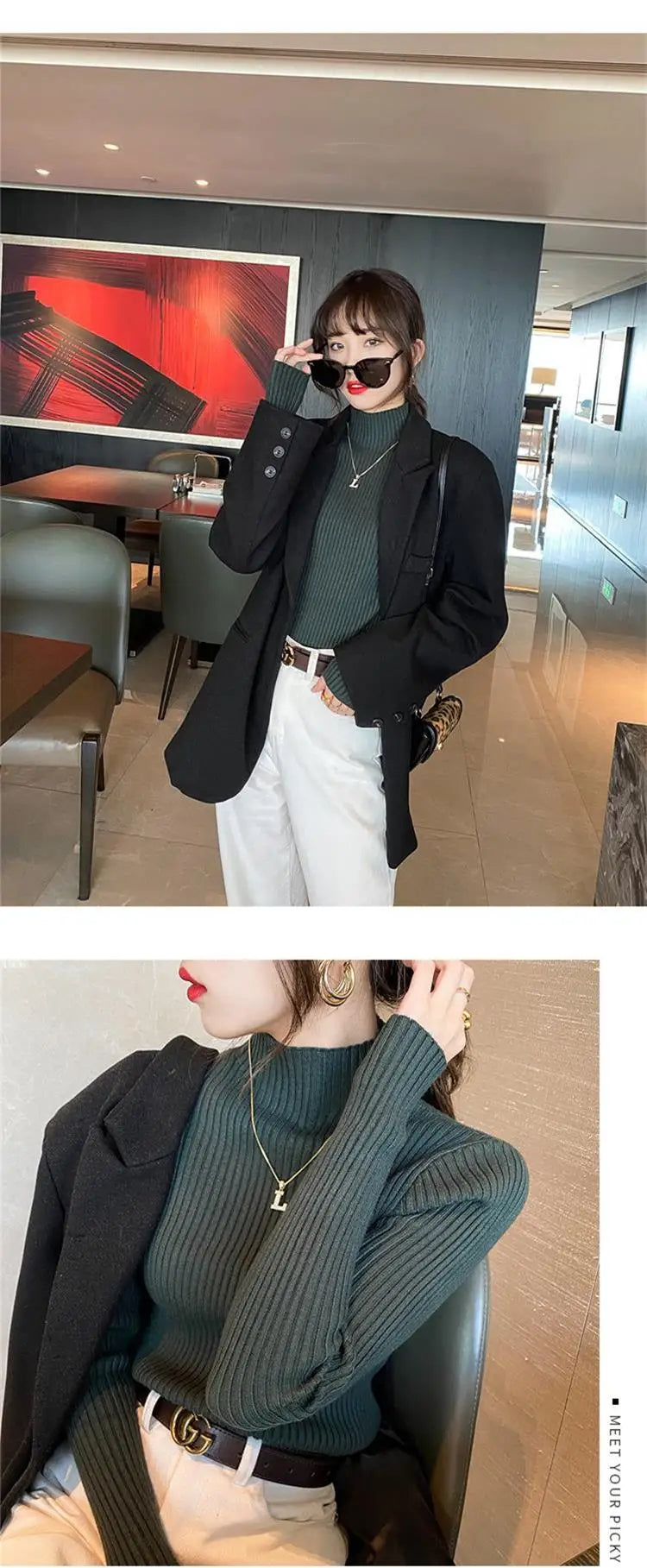 Epligg Women Turtlneck Sweater Long Sleeve Casual Slim Pullover Fashion Simple Chic Clothes Elegant Solid Basic Knitted Tops