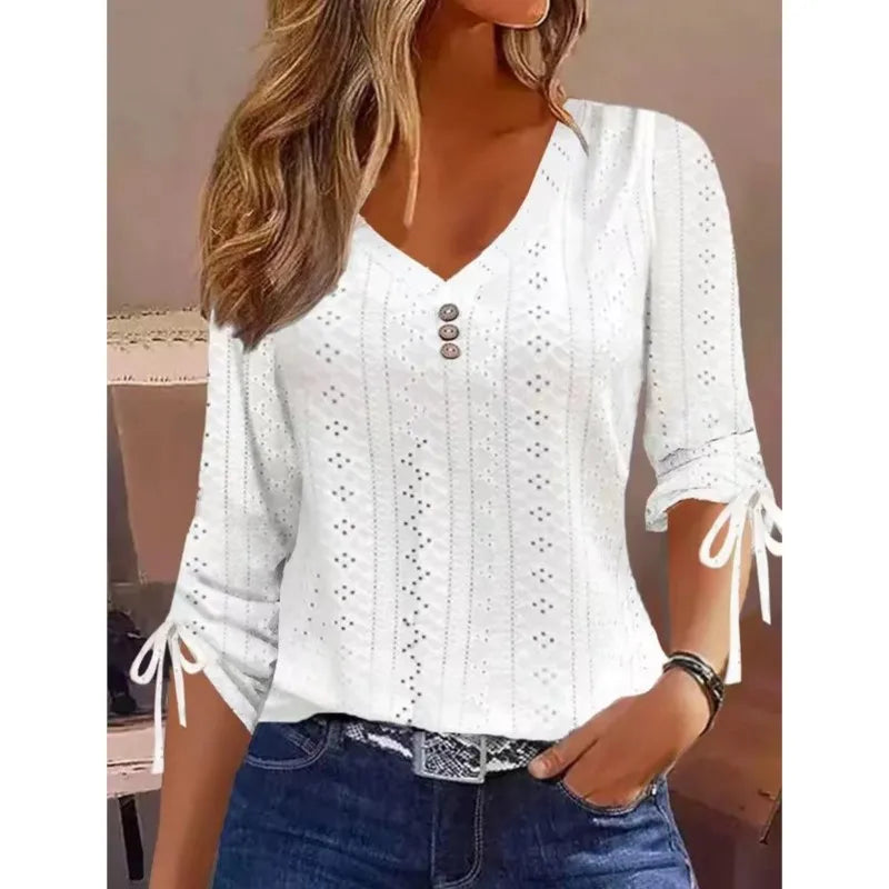 Women Long Sleeve Blouses Autumn Winter Casual Button V-Neck Loose Shirts Female Fashion Solid White Hollow Out Bow Ladies Tops