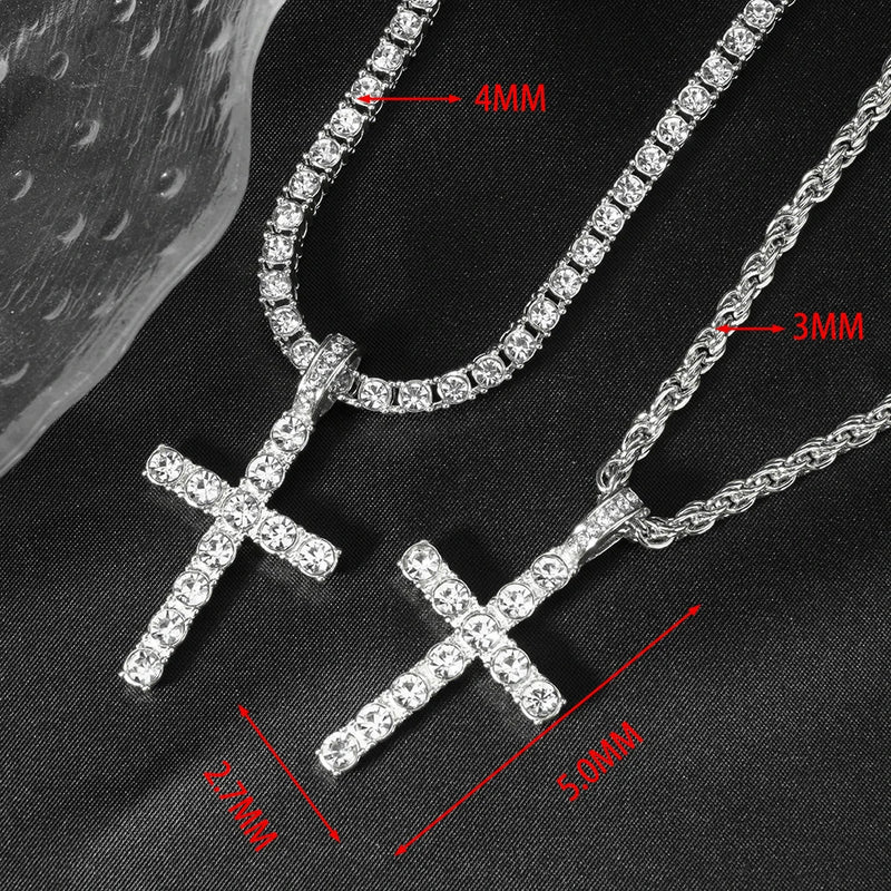 Men Women Hip Hop Cross Pendant Necklace Strap Men 4mm Zircon Tennis Chain Iced Sparkling Necklace Punk Jewelry Fashion Gift