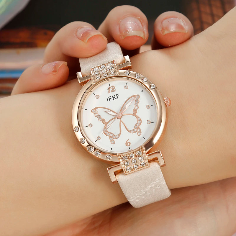 New Korean Fashion Simple Belt Quartz Watch Women's Edition+Jewelry Three Piece Set