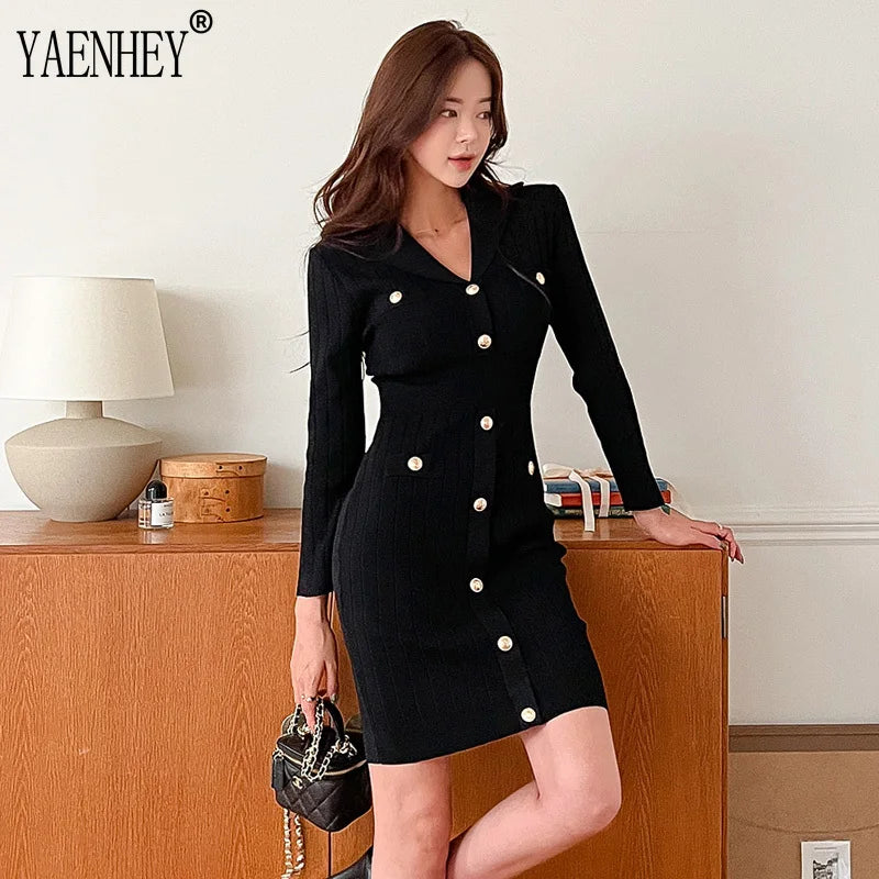 Black Elegant Knitting Bodycon Mini Dress Women Sexy V Neck Slim Long Sleeve Button Wrap Hip Short Dress Korea Chic Autumn 2023