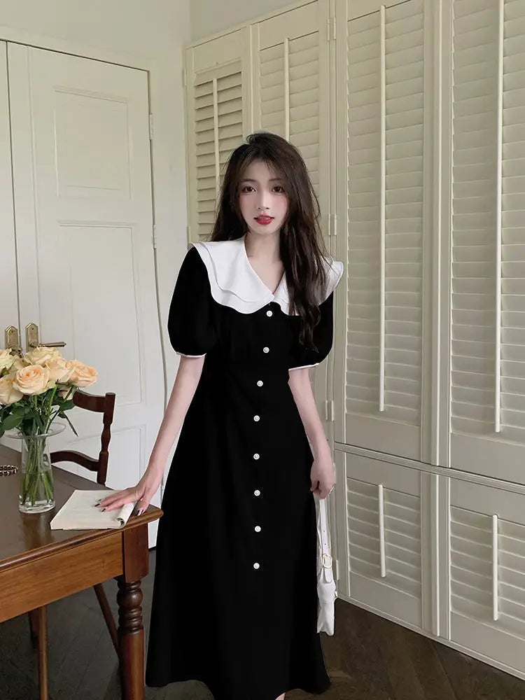 CGC Vintage Doll Collar Lolita Dress For Women 2023 Preppy Style Summer Black Long Dresses Korean Style Elegant Party Dresses