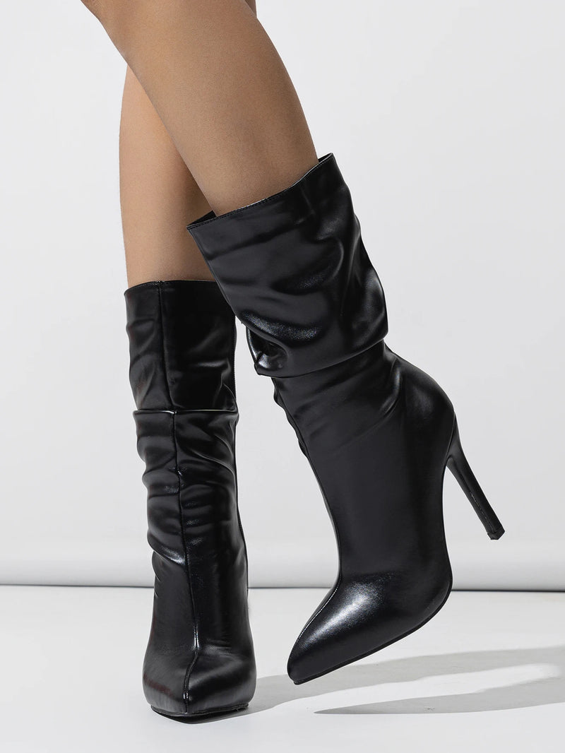 Botas de invierno 2024 con punta puntiaguda, plisadas, de charol, con cremallera, estilo caballero, estilo pasarela, tacón alto corto, para mujer