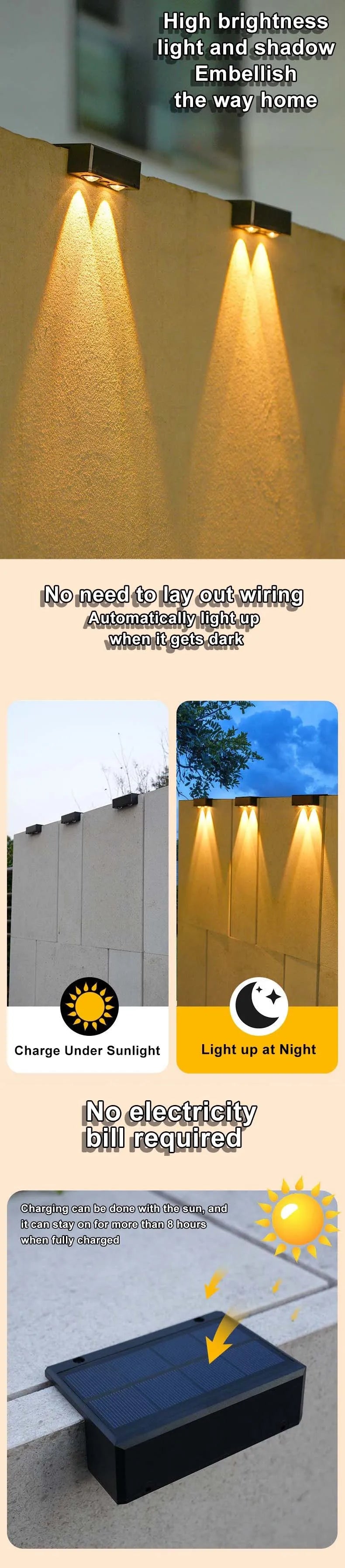 1/2/4/6/8 Pcs Solar Wall Lights Outdoor Wireless Ultra Strong Spotlight IP65 Waterproof Fence Lamp Illumination Garden Stairs