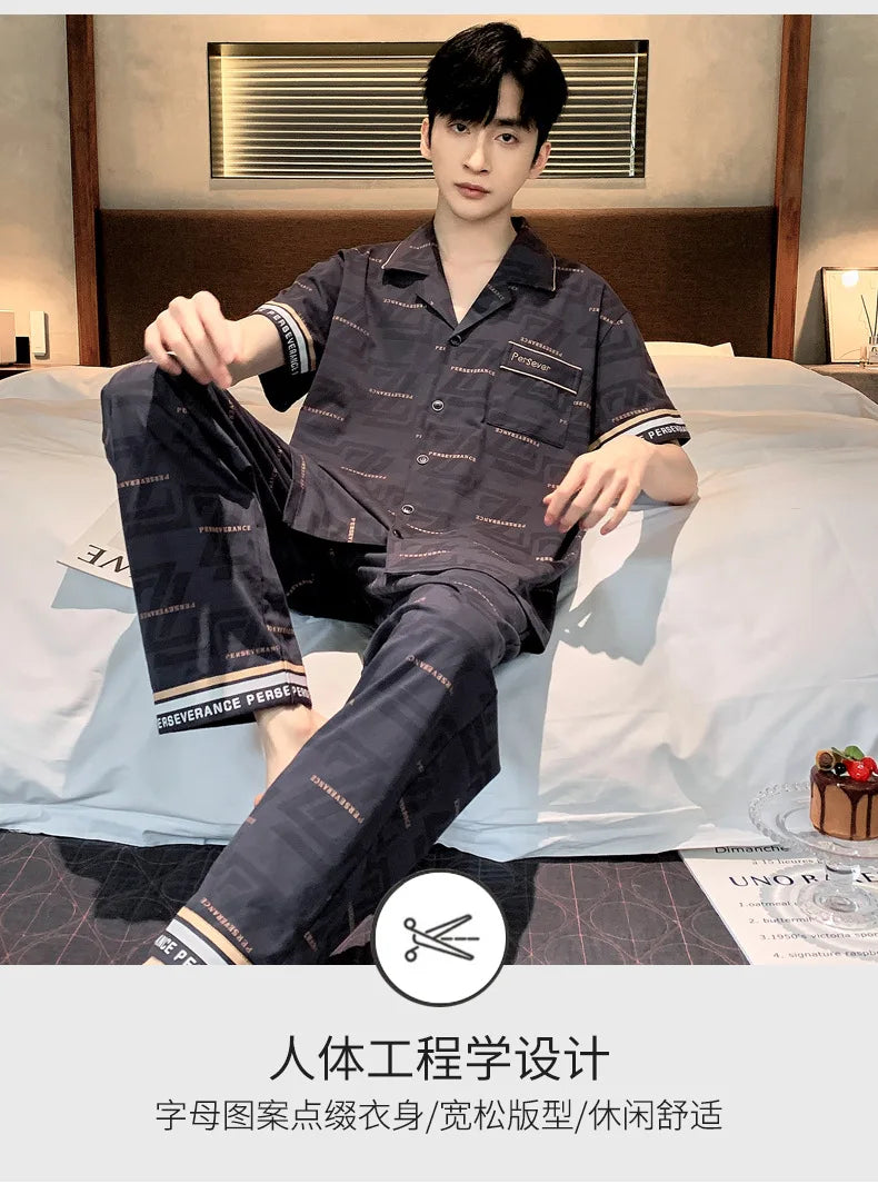 Letter Print Male Cotton Sleepwear Pajamas for Men Summer Thin Men's Pijama Hombre Sets pyjama homme Cardigan Pjs Big Size 4XL