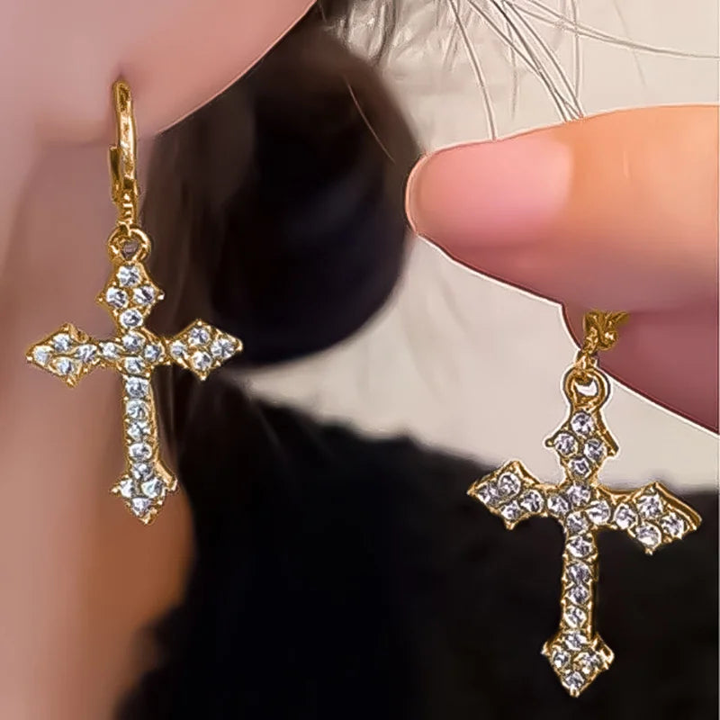 Nuevos pendientes colgantes de cruz de circonita con diamantes de imitación para mujer, pendientes de aro colgantes de moda coreana, regalos de joyería para fiestas de cumpleaños