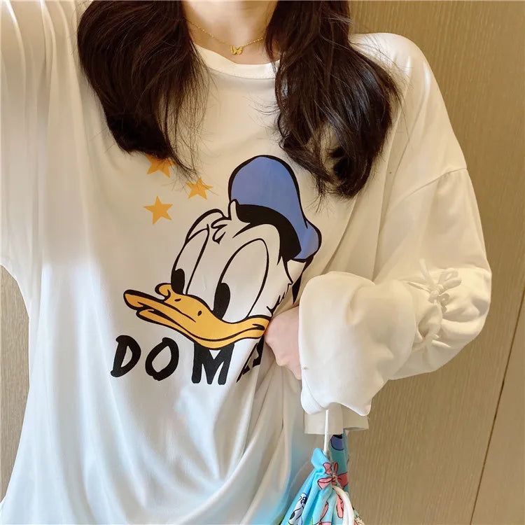 Pijama nuevo de Disney Donald Duck para mujer, conjunto de dos piezas de pantalones de manga larga de algodón de otoño, pijama de seda, conjunto de ropa de estar por casa para mujer