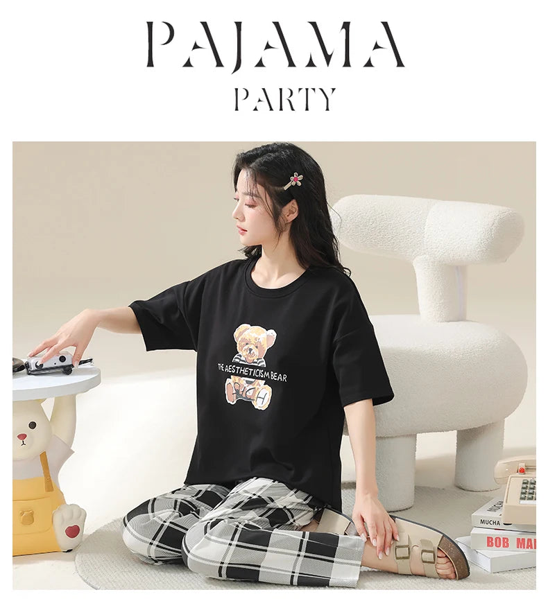 Big Size 5XL Pajama Sets Short Sleeved Cartoon Bear Knitted Pjs Plaid Sleepwear Elegant Women's Pajamas Lounge Home Pijama Mujer