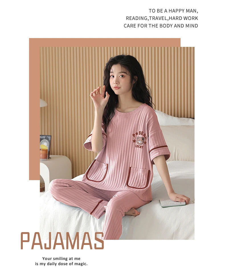 Big Size 5XL Pajama Sets Short Sleeved Cartoon Bear Knitted Pjs Plaid Sleepwear Elegant Women's Pajamas Lounge Home Pijama Mujer