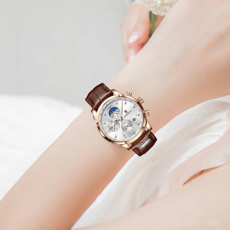 LIGE Luxury Fashion Women Watch Leather Strap Waterproof Casual Sport Quartz Wristwatch 24 hour Moon Phase Clock Watch for Women