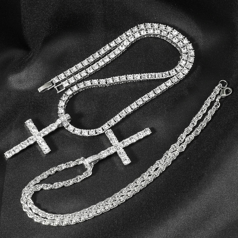 Men Women Hip Hop Cross Pendant Necklace Strap Men 4mm Zircon Tennis Chain Iced Sparkling Necklace Punk Jewelry Fashion Gift