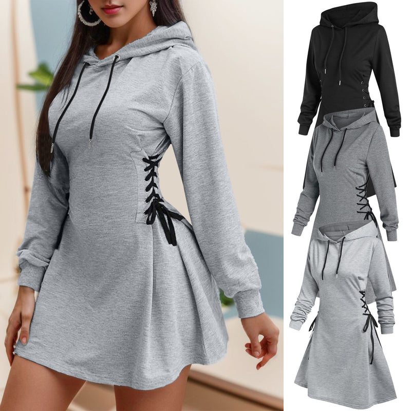 Vestido mini con lazo en la cintura para mujer, sudaderas con capucha, cuello en V, mangas largas, corte ajustado, sudaderas con capucha, sudaderas largas a la moda para mujer, sudaderas con cordón sólido