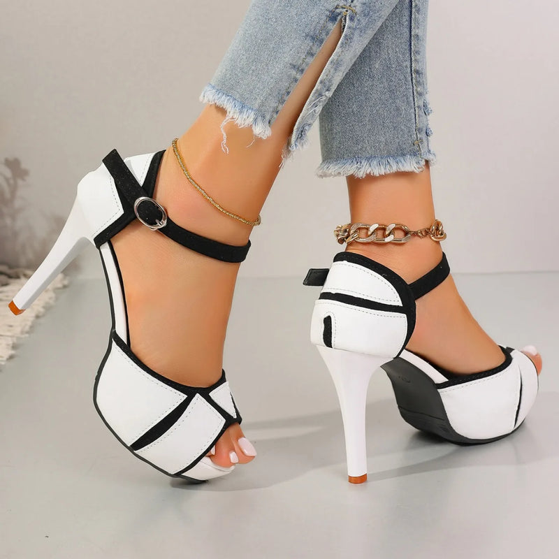 Women's Sandals Colorblock Peep Toe Platform Pumps Summer Fight Color Shoes Fish Mouth High Heels Sexy Thin Heels Dress Shoes