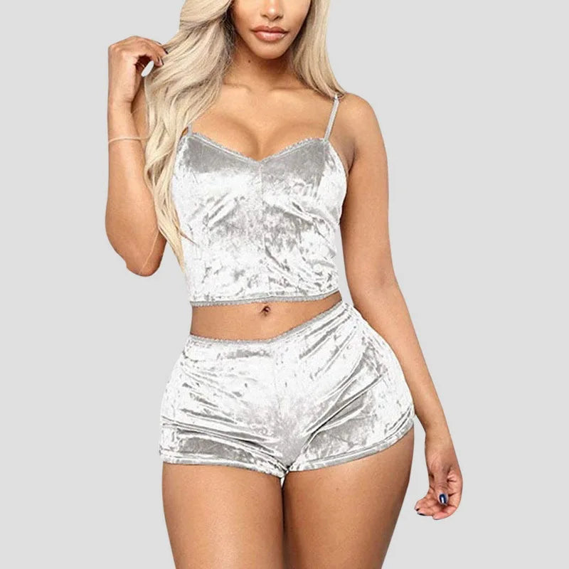 Women's Velvet Polyester Comfortable V-neck Underwear Setcamisole+shorts Pajamas Set Home Clothes Sleeveless Top Shorts