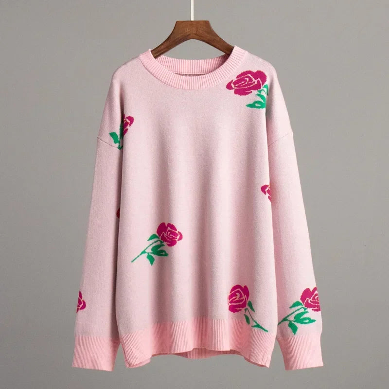 Women Elegant Flower Printed Knitted Jumper Top Chic Round Neck Long Sleeves Loose Pullovers Autumn Lady Fashion Streetwear 2024